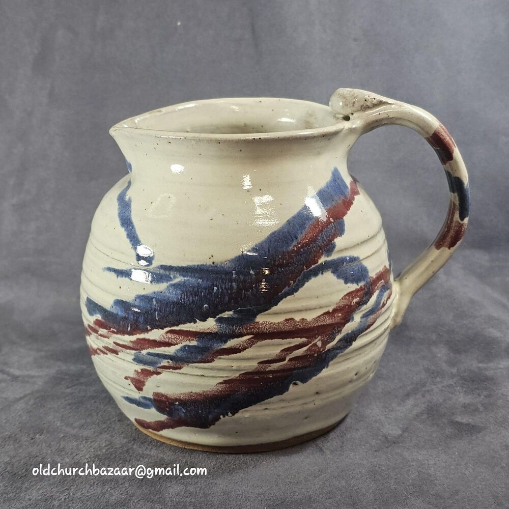 Vintage Dolan Stoneware Pitcher Cream Blue Red Brushstroke Farmhouse Jug Pottery
